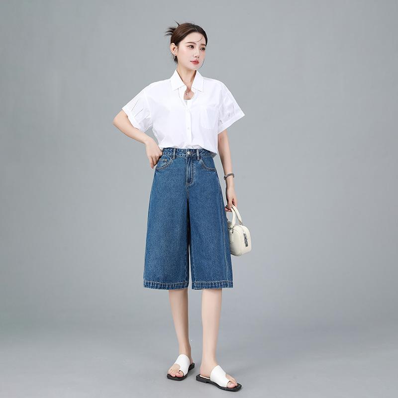 デニム ショートパンツ 女性用 夏 春夏 ハイウエスト 直筒 膝上丈 コットン ストレッチ 接触冷感 軽量 快適 ポケット 付き カジュアル デイリー ウェア 洗練 スタイル 吸湿速乾 ブルー 系