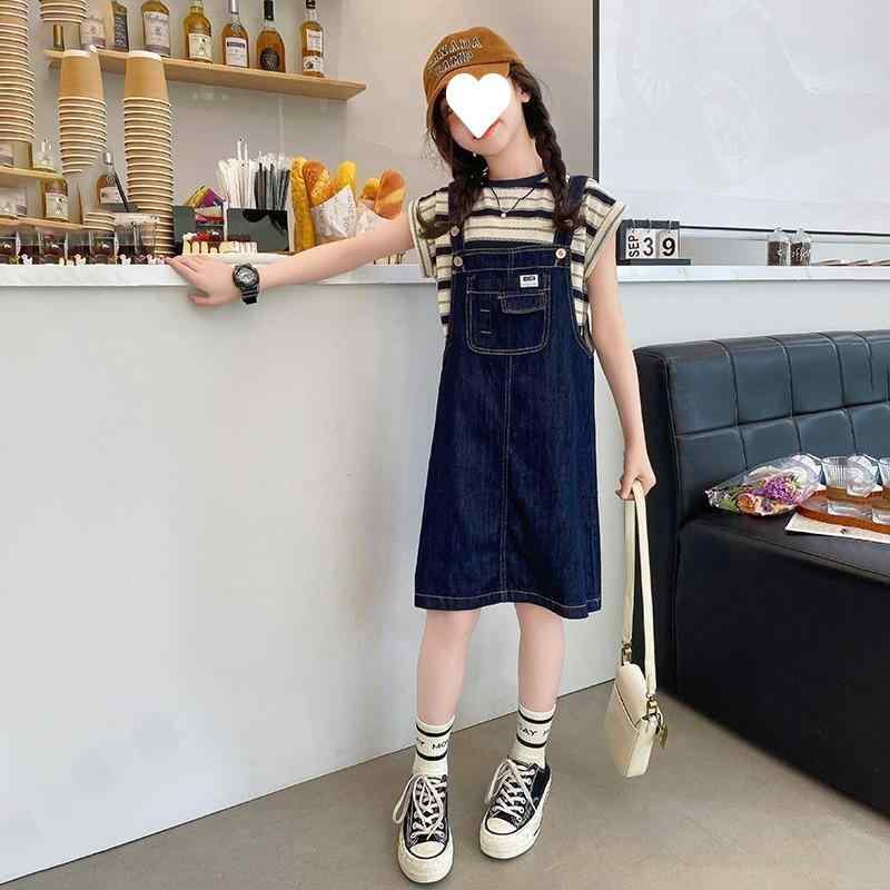 女児 デニム 背広スカート セット 夏 キッズ ファッション 綿100% 柔軟 素材 短袖 トップス 条紋 柄 かわいい スタイル ストライプ 柄 中大童 サイズ 軽量 通気性 良い 子ども服 セット 着こなし 簡単