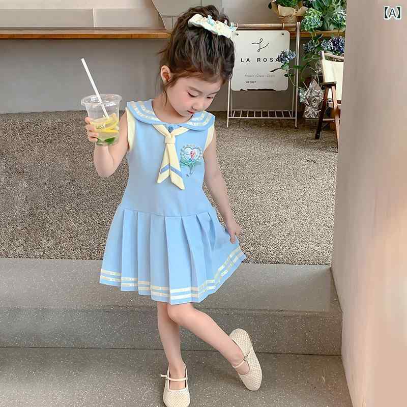 女児 吊り紐 ワンピース 子供 女の子 夏用 プリンセススカート 綿混紡 柔らかい素材 かわいい キャラクターデザイン 純色 背心 スカート 3～8歳 中小童 100～140cm 接触冷感 軽量 通気性 ビッグシルエット ピンク系 アイボリー