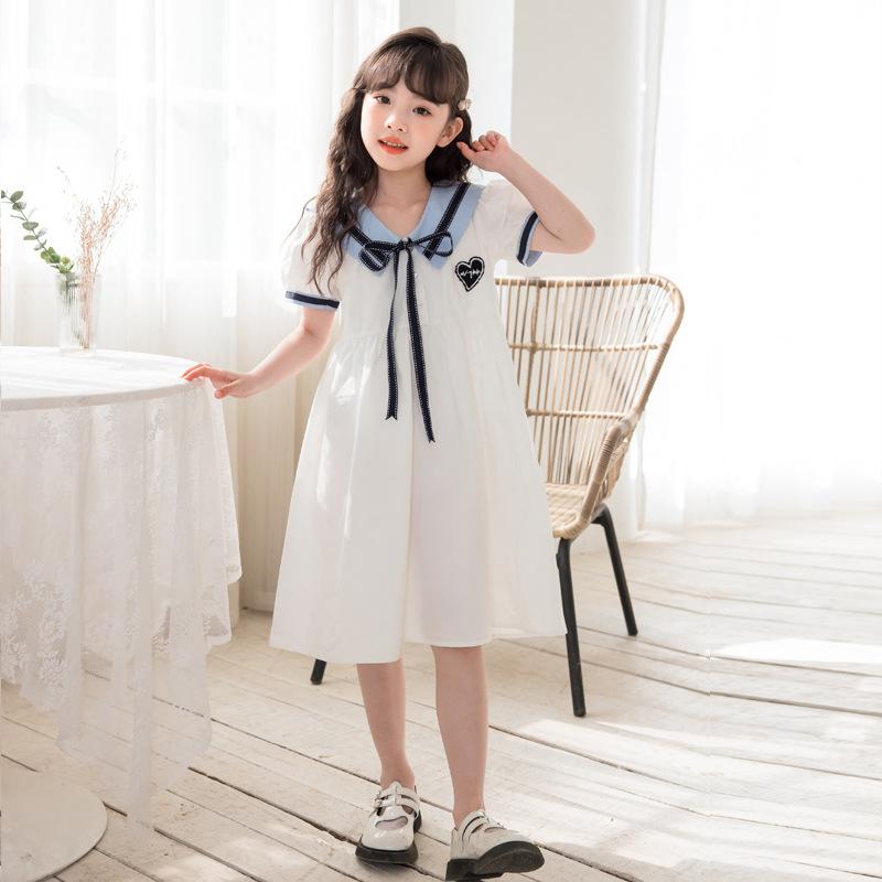 女の子 連衣裙 プリンセスドレス 学院風 短袖 トップス コットン 100% 綿素材 柔らか 白色 Aライン スカート 切り替えデザイン ピンク系 アイボリー 夏 春夏 通学用 普段使い 軽量 吸湿速乾 かわいい ビッグシルエット Vネック