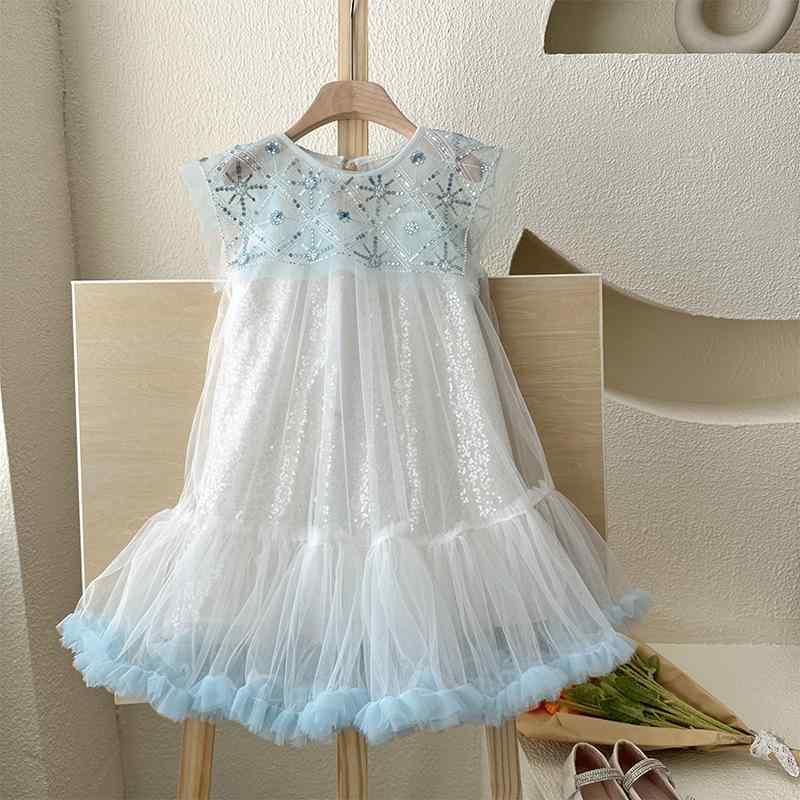 女児 ワンピース 夏 子供服 女の子 ドレス 無袖 背心 礼服 プリンセスドレス アイスブルー 軽量 ポリエステル 柔軟素材 接触冷感 Aライン スカート 潮風 かわいい シンプル 普段使い 通学 女童 大きめサイズ 伸縮性 吸湿速乾 クール ビッグシル