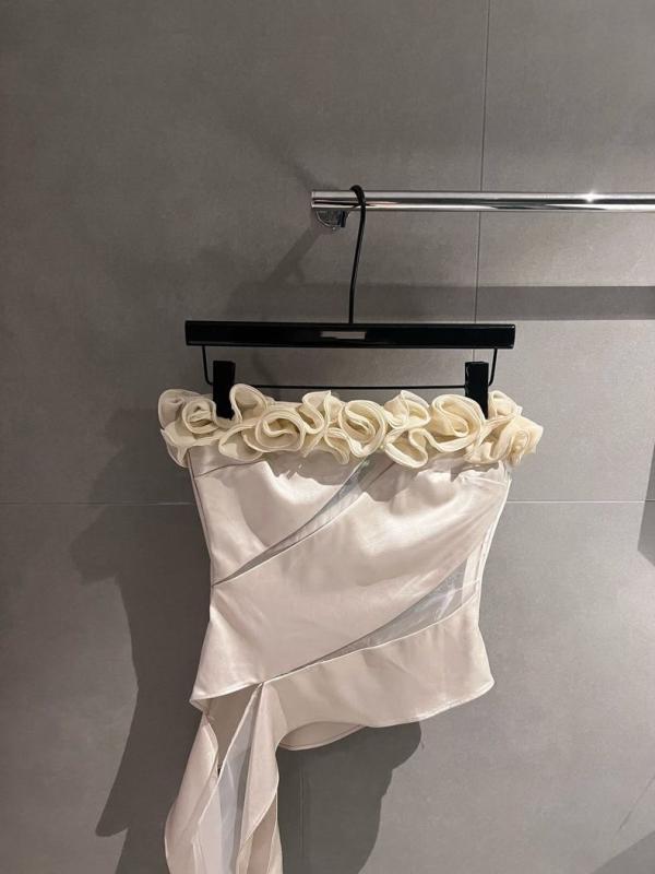 レディース チューブトップ ブラウス 女性用 肩紐なし ノースリーブ チューブトップ 背中開き デザイン ウエスト切り替え スリムフィット セクシー かわいい 純粋欲情 スタイル 白色 ポリエステル 再生繊維 微弾性 軽量 超短丈 不規則シルエット 3D