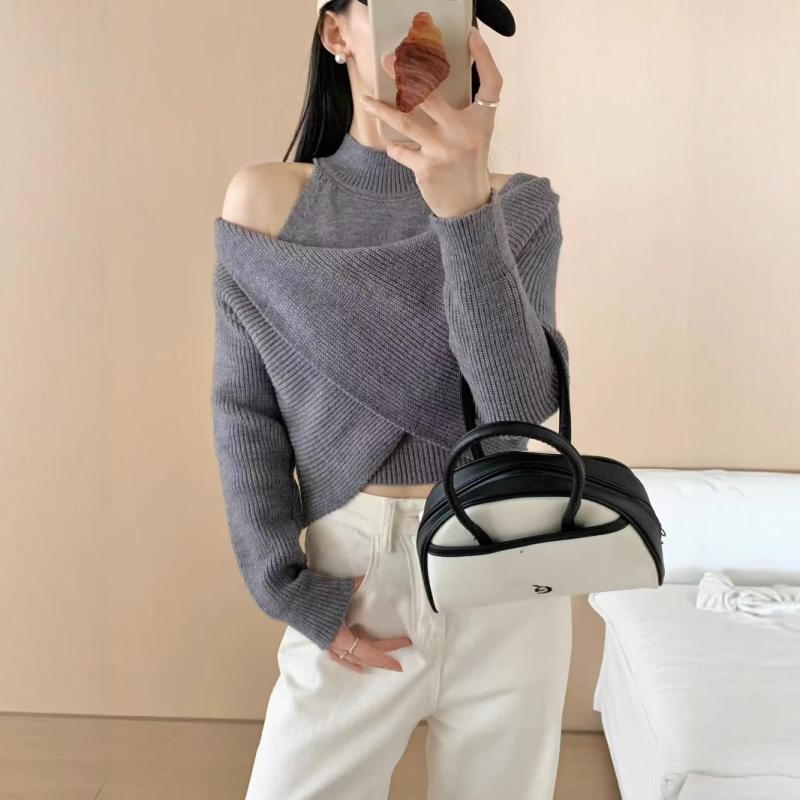 セーター 女性用 秋冬 半高めネック 偽ツーピース 無袖 長袖 肩出し デザイン 気質 通勤 知性 快適 ニット 短丈 純色 北極? PVC スパンデックス グレー カーキ ホワイト パープル ブラック 吸湿速乾 伸縮性 軽量 インナー レイヤード トッ