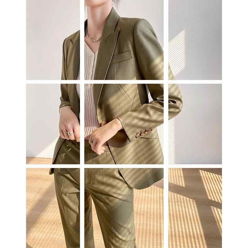レディース 西装セット 女性用 修身タイプ 職業服 ツーピース セット 気質スタイル スーツ ジャケット ロングパンツ 長袖 ポリエステル素材 オリーブグリーン 通勤風 セットアップ フィットシルエット ゆったりカジュアル 伸縮性 軽量 吸湿速乾 機能性|フォークBR