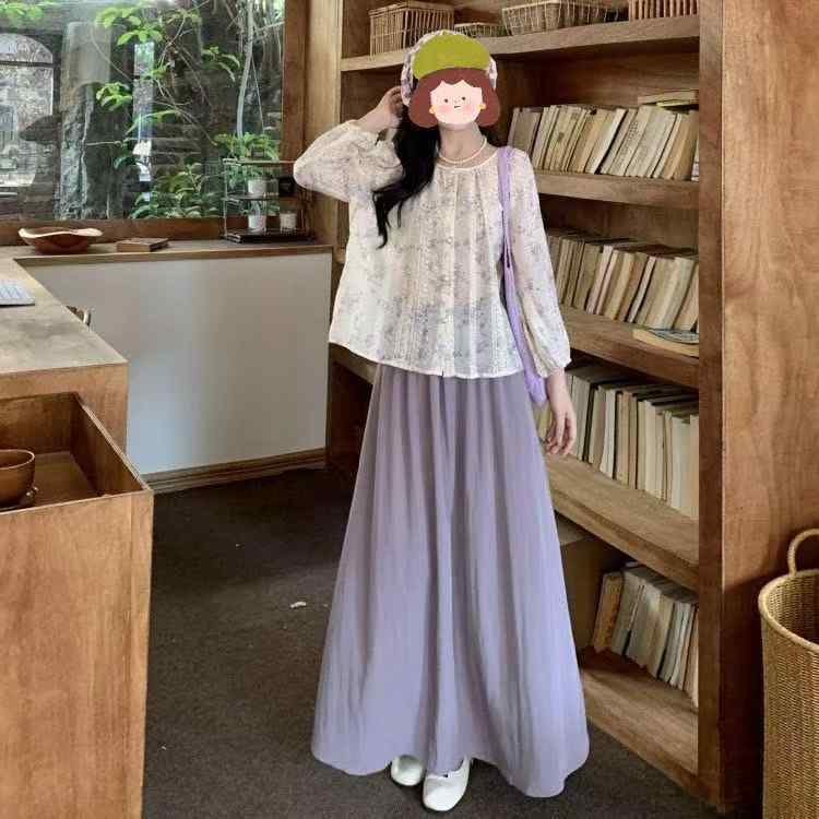 レディース フラワープリント 長袖 シャツ セット スカート 秋冬 春夏 涼しい 雪紡 素材 ポリエステル 繊維 ギャザー ウエスト デザイン ゆったり 大きいサイズ かわいい 甘め スタイル 爽やか ボタン 装飾 ミドル丈 九分袖 ノンアイロン 加工