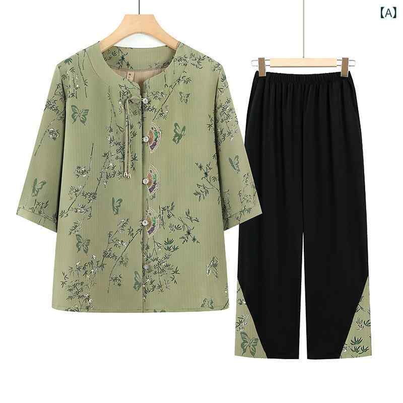 女性用 夏 ワイドパンツ セット 透気性 ポリエステル 七分袖 九分丈 ボタン プリント 植物 花柄 緑 赤 紺 ゆったり スリム 国風 レトロ 芸術的 トップス ボトムス 組み合わせ 軽量 吸湿速乾 普段使い ミドルエイジ ファッション 緑 赤 紺 カ