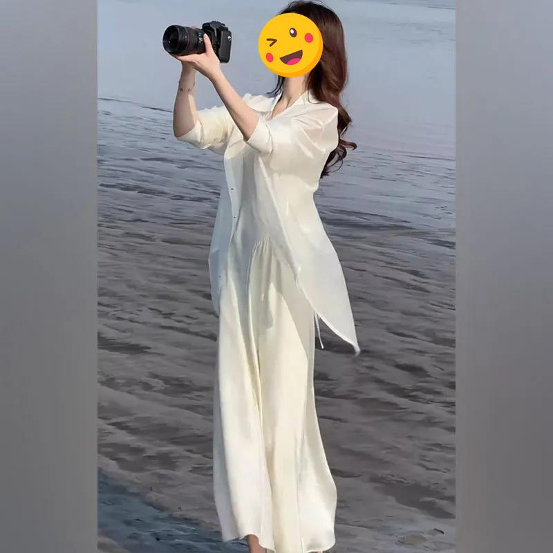 ワンピース セット レディース 春夏 気質 通勤用 優雅 スタイル 収腰 スリム デザイン 吊り帯 ワンピース 防晒 シャツ トップス 洋気 ツーピース セット 柔軟 加工 ポリエステル 素材 ブラック ホワイト ピンク グレー カラー ロングスリーブ