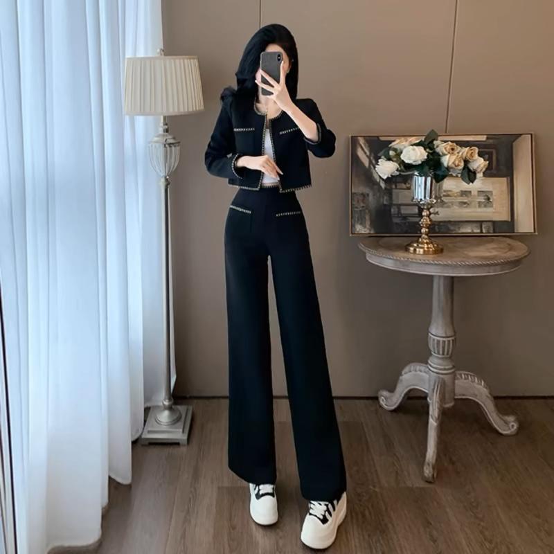 レディース セットアップ トップス ジャケット ロングパンツ 長袖 綿混紡 ブラック 春秋 秋冬 春夏 快適 軽量 ゆったりシルエット 日常使い カジュアル 洋気 気質 セット 2点組