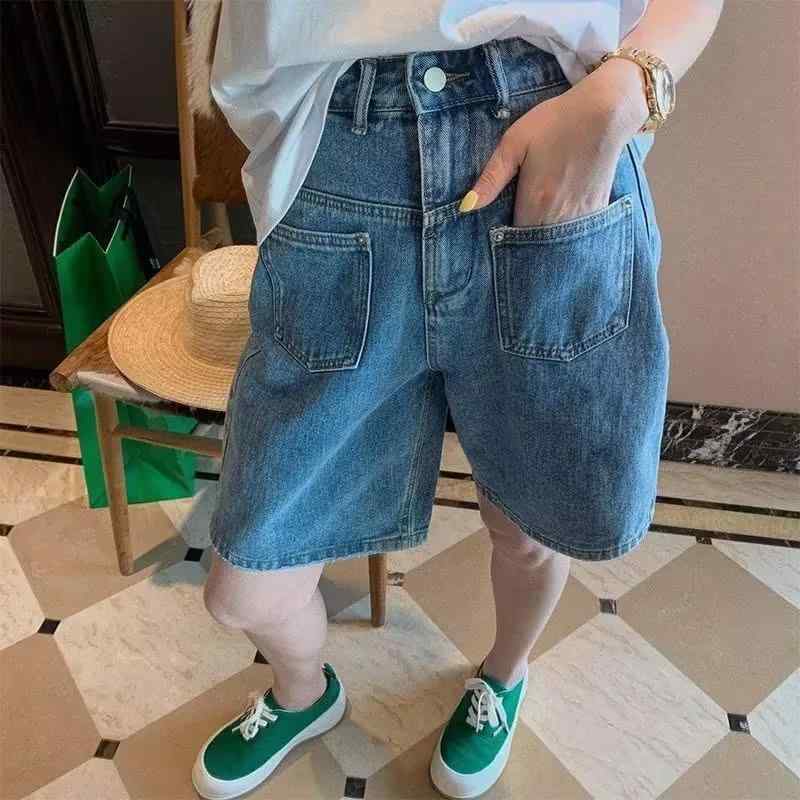 デニムショーツ 女性用 直筒 ワイドパンツ ゆったり トレンド 夏用 薄手 デニム ミドル丈 ミッドライズ ライトブルー ストレッチ コットン混 吸湿速乾 軽量 ラフスタイル カジュアル 普段使い アウトドア ビッグシルエット ゆったりフィット｜フォークBR