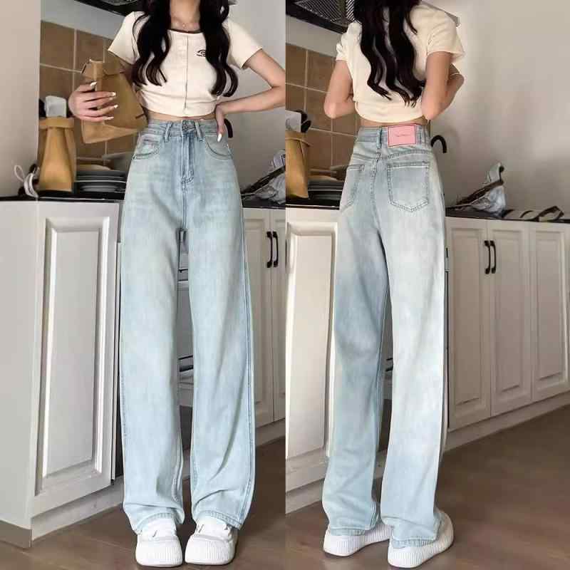 レディース デニムパンツ 春夏 薄手 ワイドレッグ ストレート ハイウエスト コットン 綿素材 ライトブルー 通勤 普段使い 都市スタイル 軽量 純色 ジッパー ボタン 気質 シンプル ロング丈 ゆったり シルエット 洗い加工