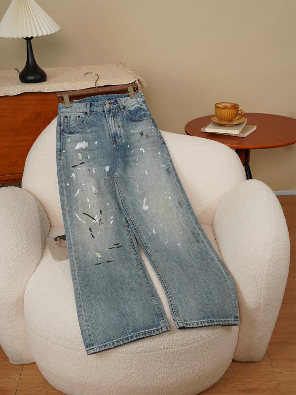 レディース 牛仔パンツ デニム 直筒 ハイウエスト 長ズボン 綿混 ポリエステル 混紡 ブルー 油墨プリント 磨り切れ 加工 ヴィンテージ 風 夏 春夏 通勤 普段使い 街着 ストリート カジュアル スタイル 軽量 吸湿速乾 接触冷感 機能 伸縮性 なし