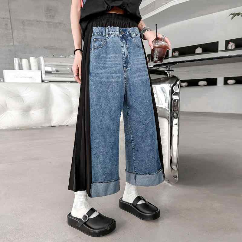 レディース 牛仔パンツ 直筒 九分丈 切り替え プリーツ ワイドレッグ 春夏 ブラック ミリタリーグリーン ロイヤルブルー コットン ポリエステル ストレッチなし ゆったり 松腰 ストリート 個性派 潮風 レトロ 洋気 軽量 通勤 普段使い カジュアル