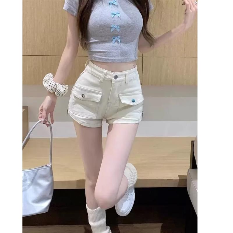 デニム ショートパンツ 女性用 夏 通勤 直筒 ミドルウエスト ジッパー ヴィンテージ ウォッシュ加工 ポリエステル 米白色 軽量 快適 普段使い 気質 カジュアル