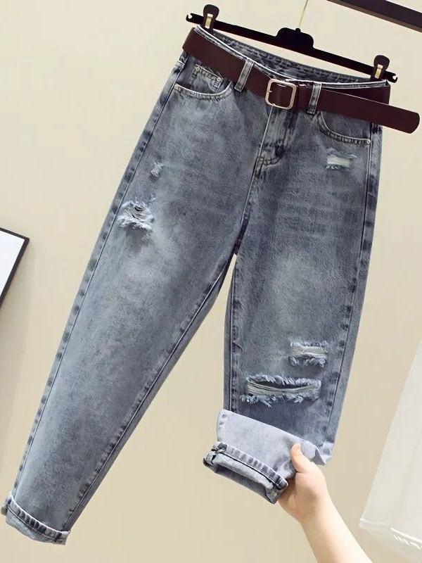 パンツ 女性用 デニム コットン ハイウエスト ストレート ワイド ハーレム ルーズ 九分丈 破れ 切り替え 春 街頭 潮流 スタイル 軽量 通勤 普段使い 伸縮性 吸湿速乾 ブルー ブラック グレー ビッグシルエット ラフ シルエット スリム フィット