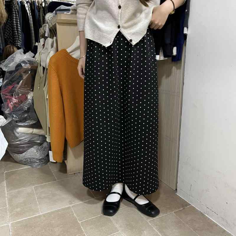 スカート 女性用 韓国風 中長丈 ポルカドット 半身スカート 秋冬 気質 通勤 後開き ストレート Aライン 包臀 スリム プリント 粘着繊維 グレー ブラック マイクロストレッチ ロングスカート