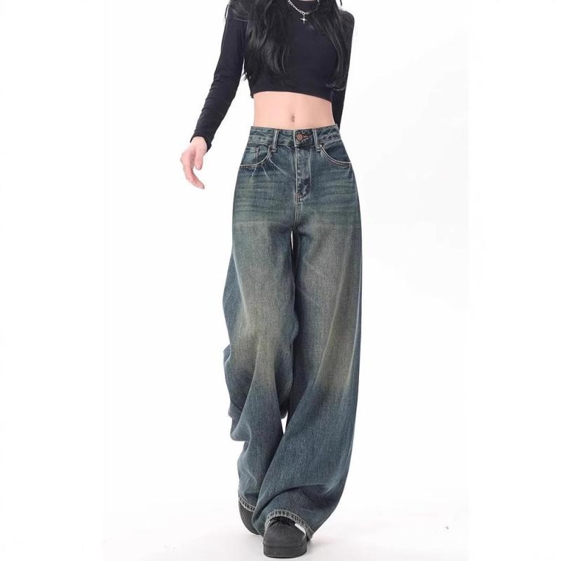 レディース ワイドパンツ デニムパンツ 牛仔? 女性用 ゆったり 高腰 直筒 ロング丈 春秋 秋冬 ウィンター 綿混 ポリエステル混 コットン素材 ポリ混紡 ストレッチなし ノンストレッチ ウォッシュ加工 ヴィンテージ加工 クラシック ブルー クラシック
