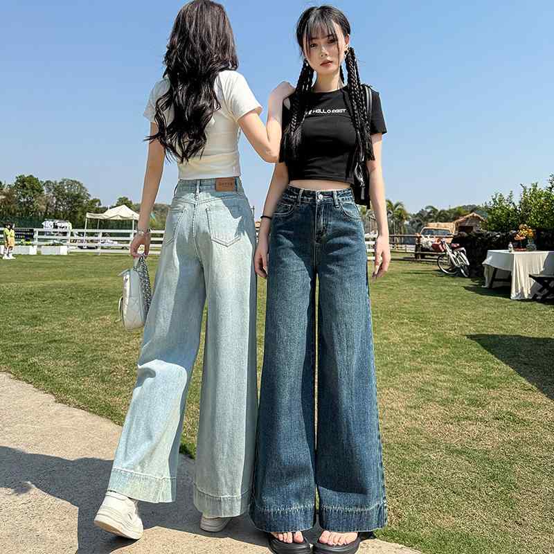 牛仔パンツ 女性用 春夏 九分丈 高腰 顯・覧 ワイドレッグ ストレート フレア 深青 ライトブルー ジーンズ デニム 伸縮性 通勤 通年 快適 軽量 都市 カジュアル 気質 スタイル ズボン ロングパンツ