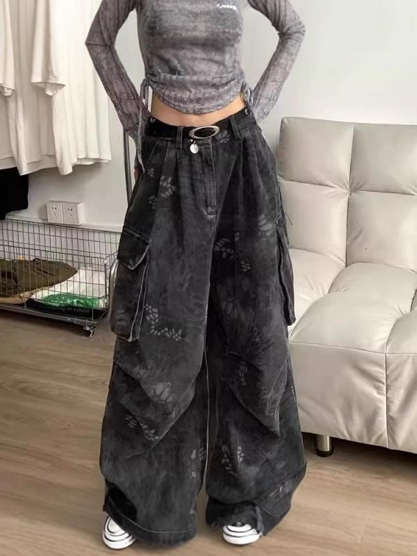レディース 秋冬 牛仔パンツ 工装 直筒 ロング ハイウエスト ワイドレッグ マルチポケット 復古 廃土風 ヒップホップ ストリート デニム 綿素材 中厚 ウォッシュ加工 ステッチ 切り替え ブラックグレー 無伸縮 通勤 普段使い カジュアル 軽量 耐久