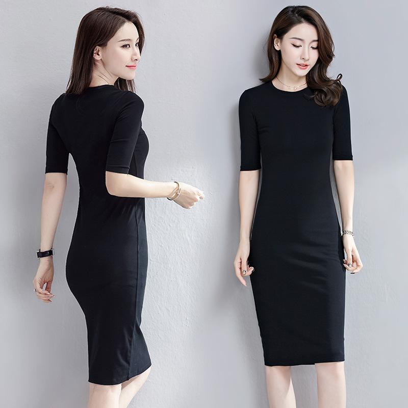 ワンピース 女性用 一?スカート 中長丈 中袖 ラウンドネック インナー用 韓国風 ロング ヒップ包み コットン ストレッチ オリーブスタイル 通勤用 基本デザイン セットアップなし ミッドウエスト プルオーバー ソリッドカラー 染色加工 25-29歳向