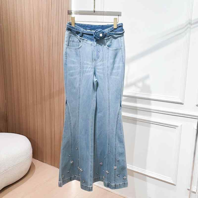レディース デニムパンツ 高腰 微喇 修身 気質 通勤風 伸縮性 ブルー ミディアム厚 雪ニール素材 ドラッグオン 馬蹄型 デザイン スリムフィット 軽量 吸湿速乾 春夏 普段使い カジュアルスタイル 切り替えディテール ビッグシルエット ハイウエスト ｜フォークBR