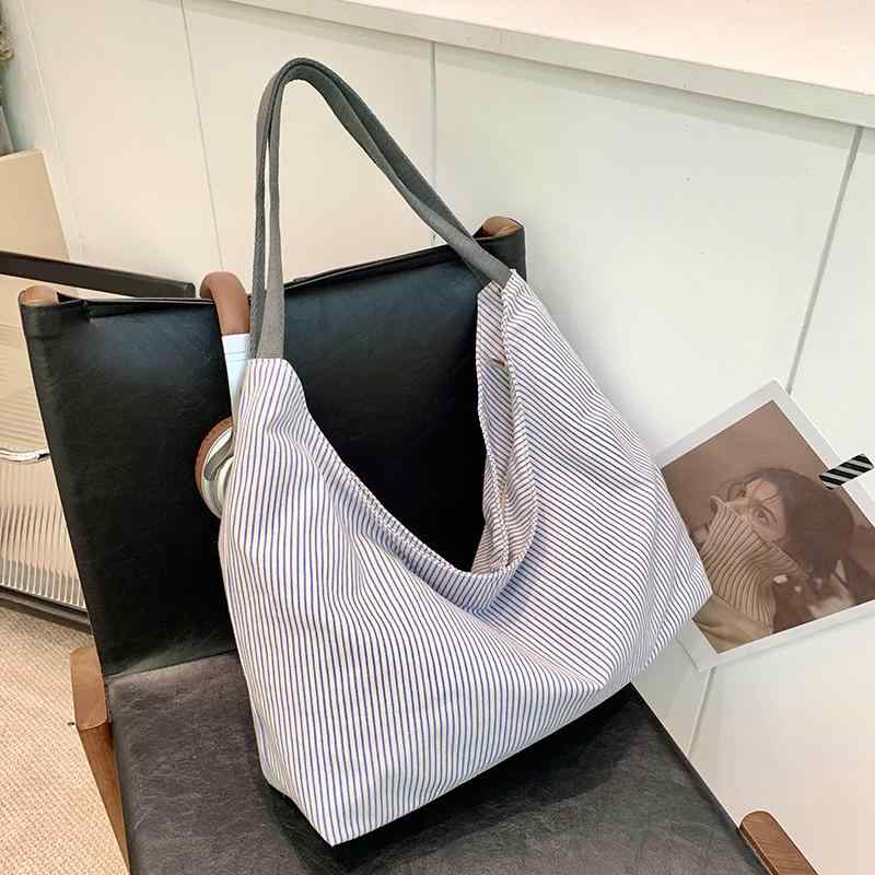 トートバッグ レディース 大容量 条紋 帆布 ショルダーバッグ 手提げ ショッピングバッグ 横型 方形 ジッパー開閉 スマホポケット ソフト素材 ポリエステル内張り 内ポケット ダブル肩紐 日常使い 清新 甘め ライトブルー 秋 かわいい カジュアル