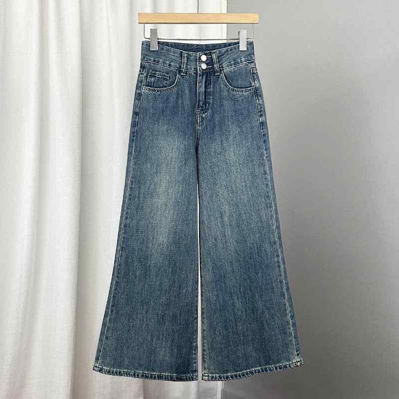 レディース デニムパンツ 微喇 九分丈 春夏 復古 ワイドレッグ ラッパーパンツ 気質 通勤 都市スタイル 微弾力 綿素材 洗い加工 ダメージ加工 ボタン デザイン 黒灰色 復古ブルー 軽量 伸縮性 ハイウエスト スリム効果 ロング丈 ショート丈 普段使