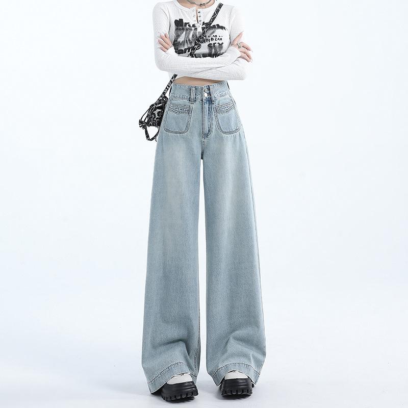 レディース デニムパンツ 牛仔風 高腰 直筒 ワイドレッグ ロング丈 復古 軽量 微弾性 綿混 接触冷感 ポケット付き 切り替えデザイン 春夏 通勤 普段使い 街頭スタイル かわいい スリム効果 浅ブルー ダークブルー デニムカラー