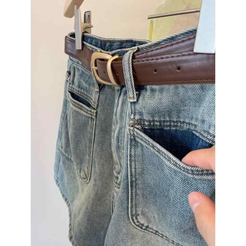 ショートパンツ レディース 女性用 コットン 素材 高腰 Aライン ワイドレッグ ストレート デニム 復古洗い ミディアム厚 微弾性 梨形ボディ スリム効果 ヴィンテージスタイル ノスタルジック 芸術的 ライトブルー ディープブルー 春夏 普段使い カジ