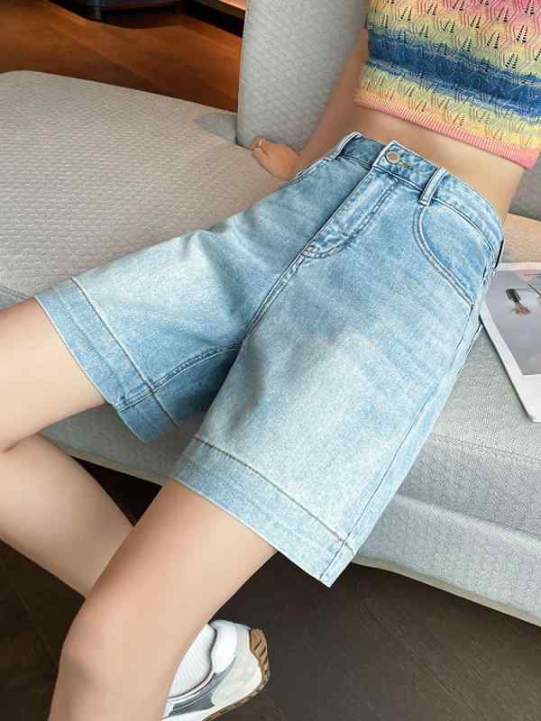 レディース デニム ショートパンツ 高腰 ストレート 綿 素材 夏 通勤 通勤風 気質 薄手 中厚 ライトブルー ダークブルー ゆったり Aライン ワイドレッグ デザイン ヴィンテージ加工 無弾性 個性 ストリート ファッション