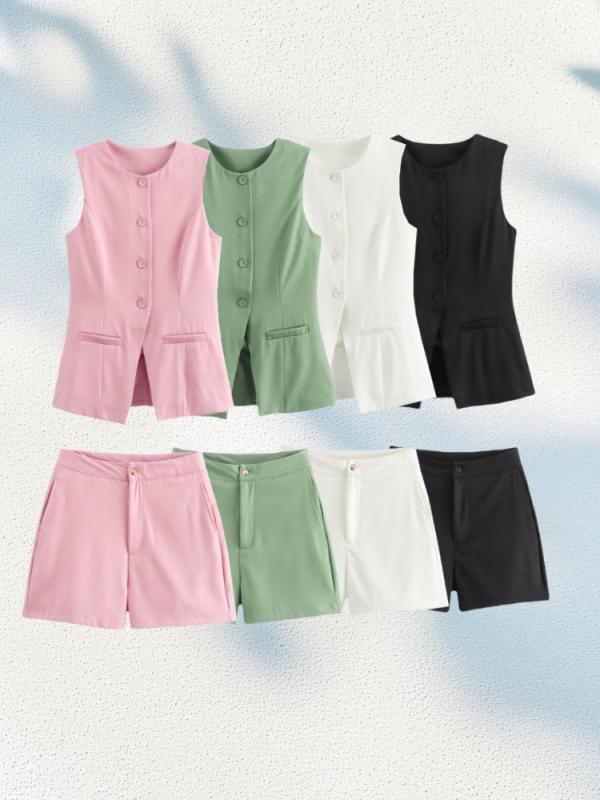 レディース ファッションテニスセット Vネック シングルブレスト スリムフィット ノースリーブ マキシ丈 ショートパンツ セットアップ ポケット デザイン ウール調 ポリエステル 素材 ピンク ブラック ホワイト グリーン カラー バリエーション 通勤