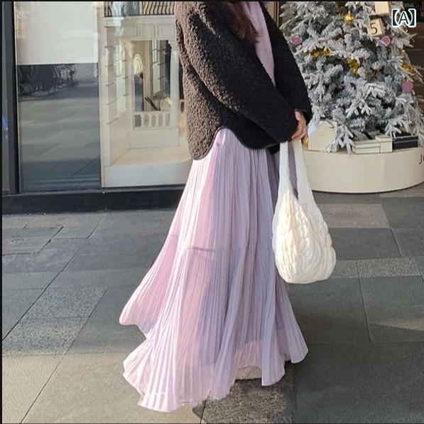 スカート レディース 半身スカート 春夏 秋冬 プリーツ ハイウエスト ロングスカート Aライン ゆったり 大きめスカート プリンセス風 気質 優雅 清新 かわいい 透け感 微弾性 ポリエステル シルク加工 紫色 白色 杏色 軽量 通勤 普段使い