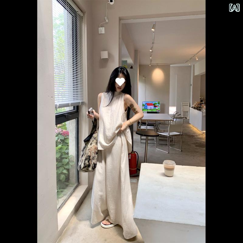 レディース セットアップ 塩系 復古 清涼感 ゆったり リラックス シルエット ワイドパンツ ロングパンツ ノースリーブ キャミソール トップス 無袖 トップス 都市スタイル 通勤 ゆったり フィット 気質 スタイル ?? 素材 95%以上 杏色 ブラッ
