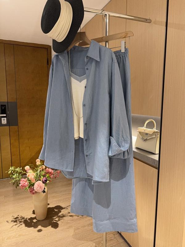 レディース 麻 接触冷感 長袖 シャツ トップス ゆったり シルエット プリンセススリーブ 軽量 通気性 吸湿速乾 ゆったり ウエスト ワイドレッグ ロングパンツ セット 春夏 浅ブルー シンプル カジュアル 普段使い 春物 セットアップ