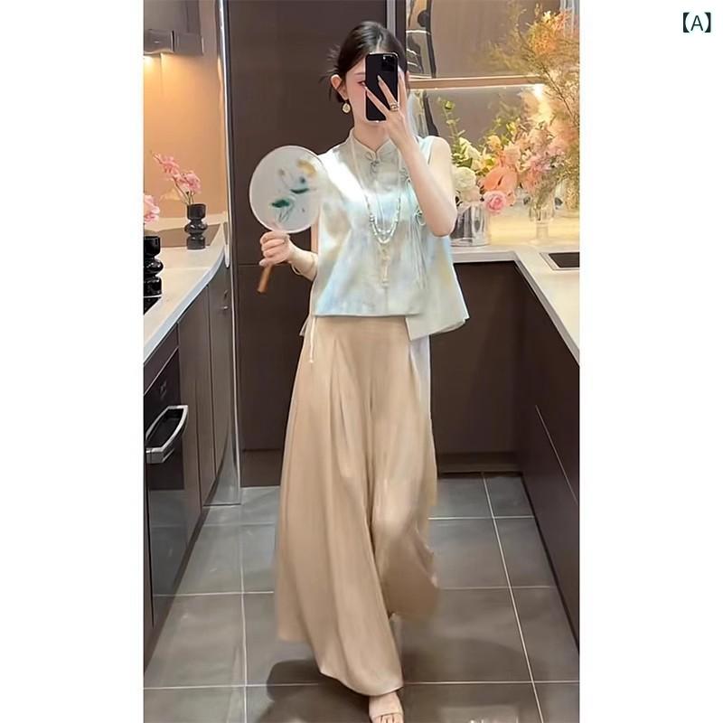 レディース セットアップ 無袖 トップス ワイドパンツ 気質 通勤 スタイル ポリエステル 柔らかい 素材 純色 デザイン 夏 コーディネート ブルー イエロー パープル 杏色 組み合わせ ゆったり フィット エレガント 日常使い 軽量 吸湿速乾 機能 6,391円
