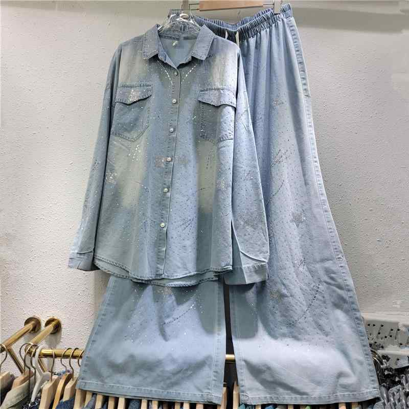 レディース 牛仔 セットアップ シャツ ロングパンツ ワイドパンツ ルーズフィット ストリートスタイル ヨーロピアンカジュアル 長袖 ライトブルー ブラック ポリエステル混紡 軽量 伸縮性 春夏 普段使い 通勤用 アウトドア 9,226円