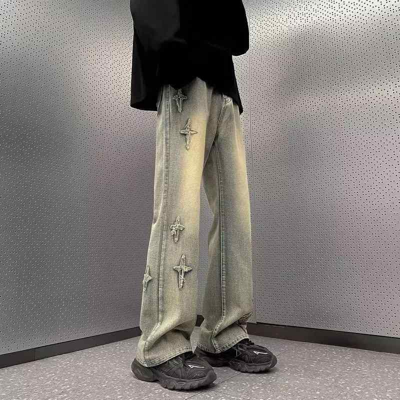 メンズ デニムパンツ 直筒型 復古 ヒップホップ スタイル ミッドライズ コットン素材 微弾性 水洗加工 長丈 ジッパー開閉 ストリートファッション 日常使い 春秋 季節 ブラウン カラー 黒 テーラード シルエット 青少年向け トレンド アイテム