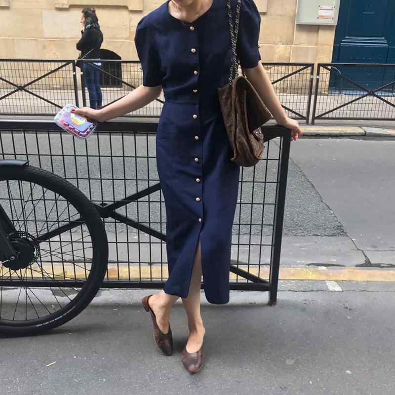 ワンピース レディース 春夏 長丈 フレンチレトロ ボタン ウエストイン コットンリネン 接触冷感 純色 ラウンドネック 泡泡袖 ミドルウエスト ワイドシルエット 気質 通勤 カジュアル 米白色 ネイビー 軽量 通気性 吸湿速乾 普段使い|フォークBR