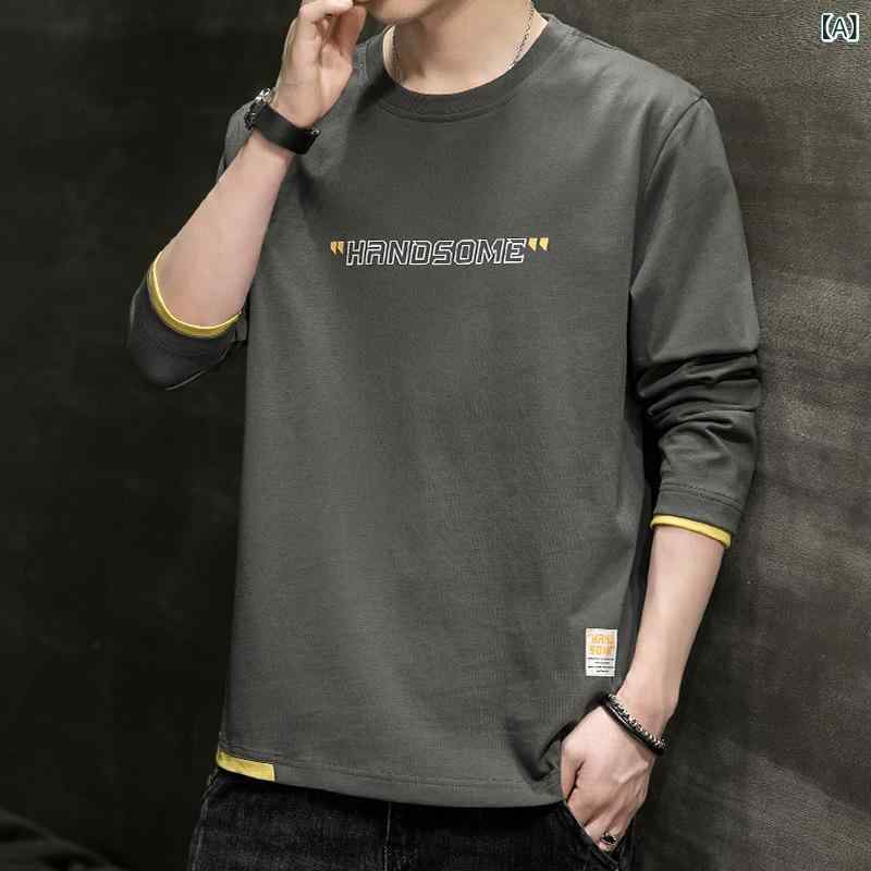 メンズ 長袖 Tシャツ トップス 秋冬 コットン 100% 素材 ゆったり ビッグシルエット ワイド サイズ インナー レイヤード 服 無地 文字プリント 丸首 クルーネック プルオーバー スタイル 抗菌 加工 グレー ブラック ブルー ホワイト ピンク