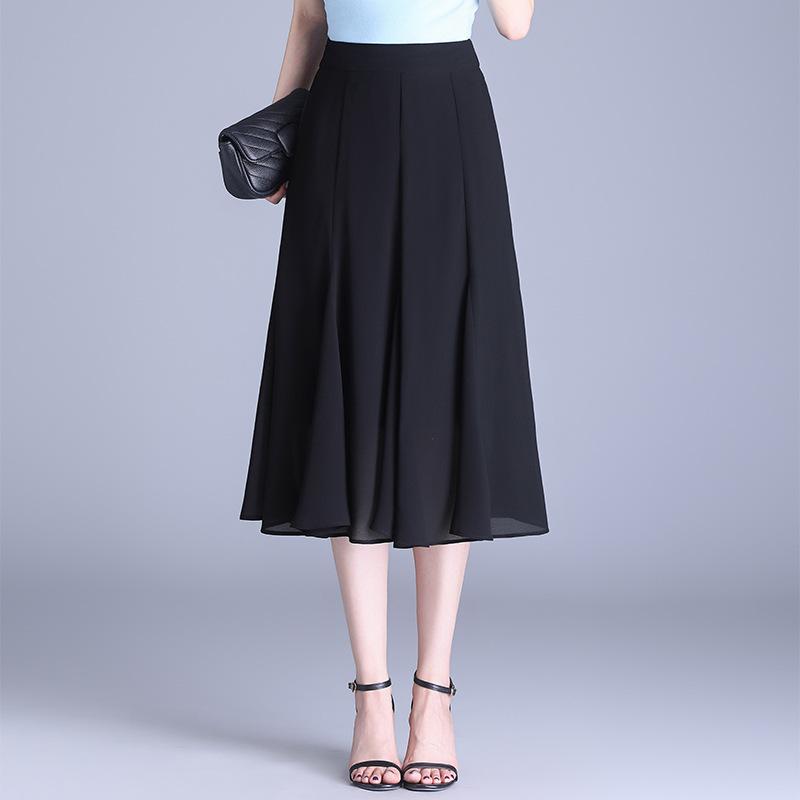 スカート 女性用 春夏 黒 接触冷感 ポリエステル 中長丈 Aライン ハイウエスト プリーツ フレア 切り替え 微弾性 通勤 普段使い 軽量 涼しい 気品 優雅 カジュアル