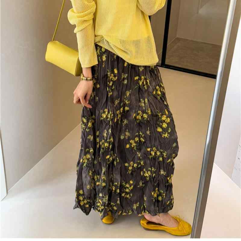 スカート レディース ハイウエスト Aライン 中長丈 黄色 花柄 春夏 通勤用 気質スタイル 都市風 微弾性 ポリエステル 3D立体柄 印花加工 かわいい 普段使い 小柄対応 軽量 切り替えデザイン