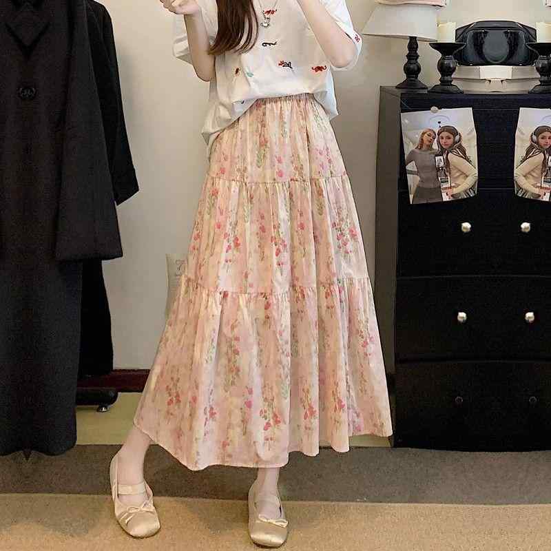 スカート 女性用 春夏 ピンク かわいい フラワー柄 Aライン 中長丈 フレア プリーツ 半身 ハーフスカート 気質 通勤 都市スタイル 切り替え 印花 軽量 通年素材