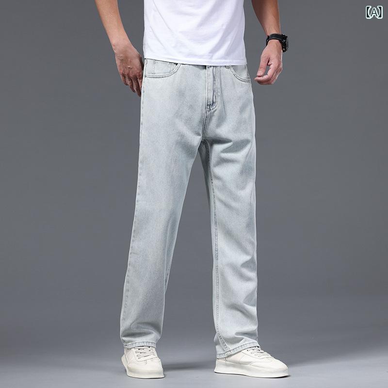 メンズ 牛仔パンツ 直筒 夏用 薄手 綿素材 再生繊維 ミックス ビンテージウォッシュ 猫髭加工 馬?加工 ミドルウエスト ジッパー ノーストレッチ ロングレングス ゆったりシルエット デニム ライトブルー ヴィンテージブルー アイスブルー 日常カジュア