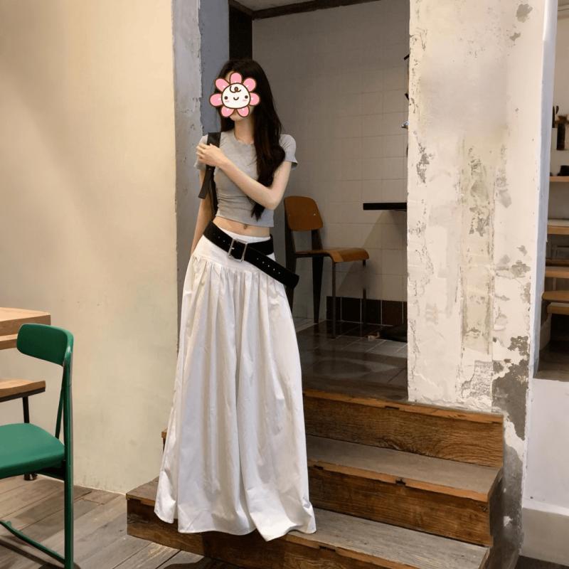ロングスカート 女性用 春夏 白色 Aライン フレア 切り替え プリーツ 波状ヘム ?? PVC ミックス 中弾力 軽量 通気性 ハイウエスト 腰紐付き ゆったりシルエット スリム効果 日常使い 韓国風 洗練スタイル