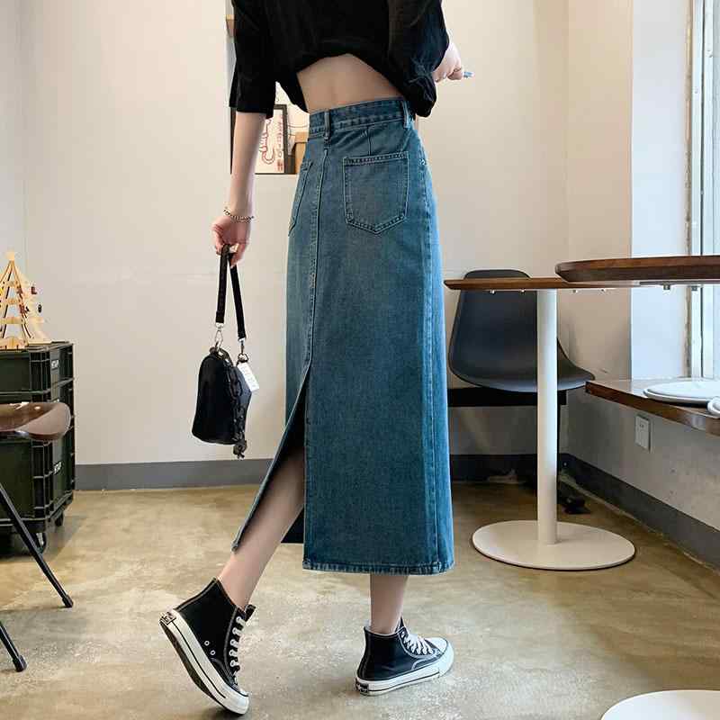 スカート 女性用 春夏 中長丈 高腰 Aライン デニム スリット 半身スカート 綿素材 水洗加工 復古ブルー ライトブルー ブラックグレー ブラック シンプル 日常使い 日韓カジュアル 軽量 吸湿速乾 ハイウエスト スリム効果 ビッグシルエット