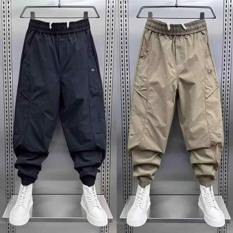 メンズ ワイドパンツ クロップドパンツ ゆったりシルエット ミリタリーパンツ ユニセックス 春夏 薄手 伸縮性 ポリエステル混紡 吸湿速乾 動きやすい 直筒型 中腰 ドローストリング クロップドヘム 純色 ブラック ベージュ オリーブグリーン スポーツ