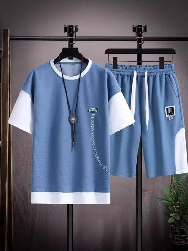 メンズ ワッフル柄 短袖 半袖 Tシャツ ショートパンツ セット 夏 薄手 軽量 ポリエステル 混紡 ゆったり ルーズフィット ストリート カジュアル 普段使い 運動 百搭 コーディネート ファッション トップス ボトムス ブルー ホワイト グレー