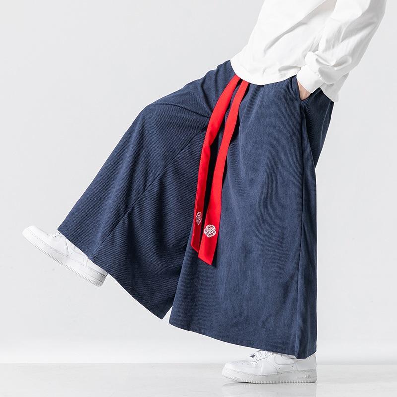 メンズ 春夏 灯芯絨 直筒 ワイドパンツ 改良古風 中国風 刺繍 情? 綿 素材 ミッドライズ マイクロストレッチ ポケット 飾り 黒 ネイビー カジュアル スタイル ティーンエイジャー 向け 長ズボン ベルループ なし ロープ クロージャー ミッドウェ