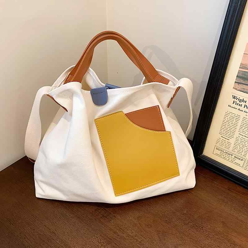 トートバッグ レディース 単肩 手提 帆布 中型 横型 方形 磁扣 ソフト 街頭潮流 カジュアル 日常使い 切り替え 撞色 無内張り 携帯ポケット カードポケット 白 黒 緑 カーキ 藍 白格子 黒格子 紅格子 橙格子 藍格子 春季 軽量 大容量
