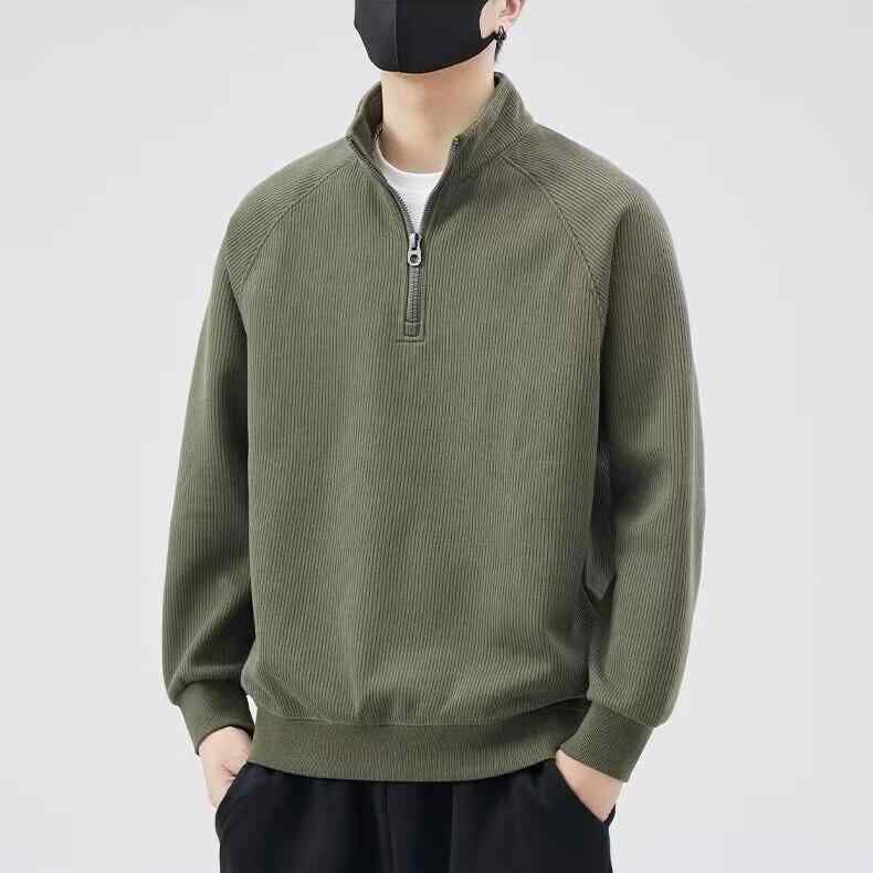 メンズ 秋冬 スウェット トップス 灯芯? 立襟 半ジッパー 純色 長袖 厚手 綿混 ワイドシルエット ゆったり 普段使い ブラック グリーン グレー 吸湿速乾 暖か シンプル カジュアル 日常着