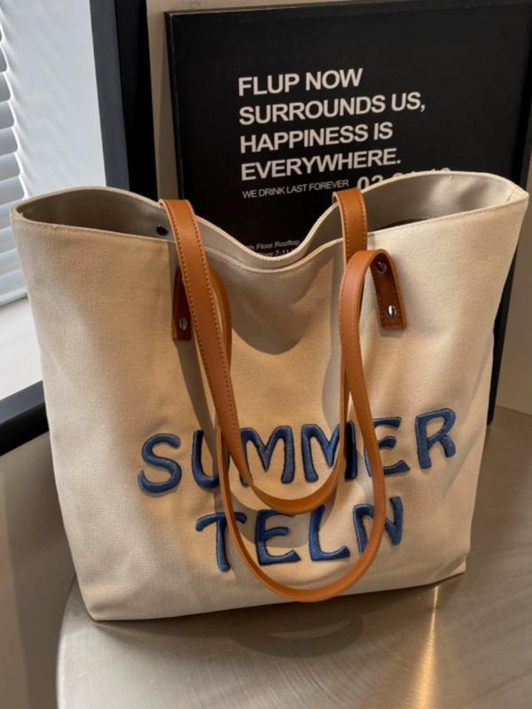 トートバッグ 女性用 大容量 帆布 キャンバス 横型 方形 ソフト 黒 ベージュ カーキ 都市 シンプル 刺繍 アルファベット 韓国風 学生 通学 日常 肩掛け 手提げ 軽量 ポケット付き 春夏 吸湿速乾 再生繊維 内ポケット 携帯ポーチ デイリー コー